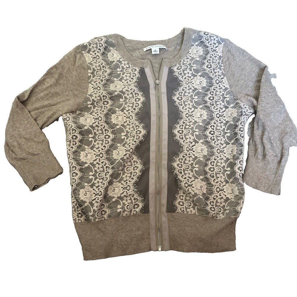 Banana Republic Tan Floral Lace Front Full Zip Knit Cardigan Jacket Small